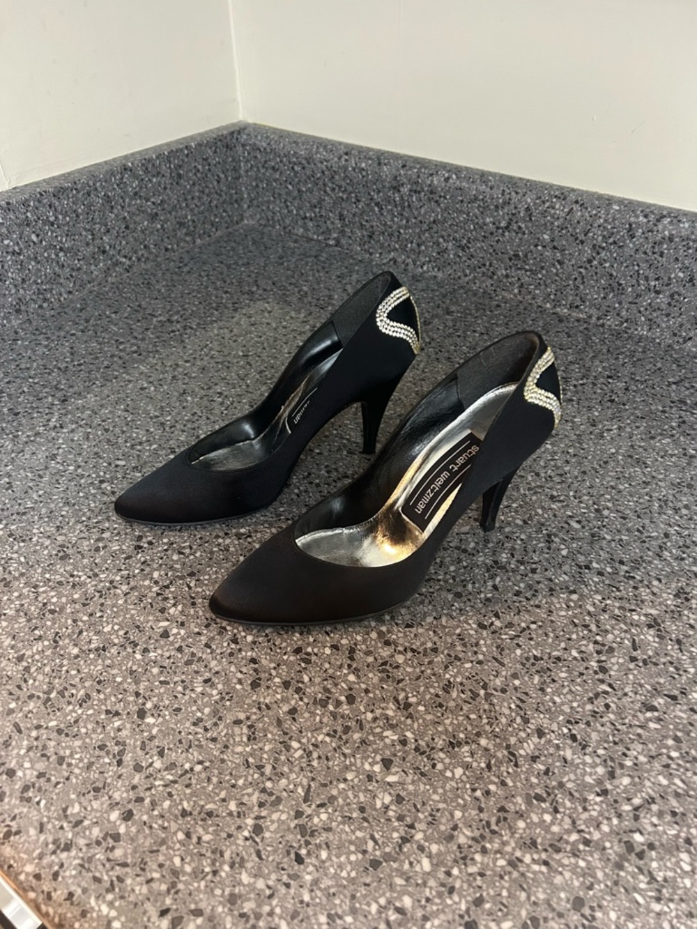 Stuart Weitzman Black Pointed-Toe Pumps with Crystal Heel Detail